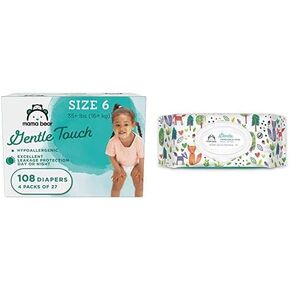 Amazon Brand - Mama Bear Gentle Touch Diapers, Hypoallergenic, Size 6, 108 Count (4 Packs of 27) & Gentle Fragrance-Free Baby Wipes, Hypoallergenic 100 Count (Pack of 8), Shipped Separately