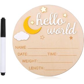 Wooden Hello World Newborn Sign, 5.8 inch Cute Birth Announcement Board Baby Announcement Sign Newborn Welcome Sign Baby Name Plaque for Nursery Hospital Girl Boy Baby Shower Photo Props (Black)