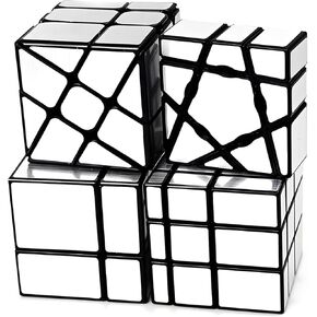 AI-YUN Mirror Cube Set, Speed Cube Set of 4 Pack, 1x3x3 Ghost Cube, 2x2 3x3 Mirror Blocks, 3x3 Windmill Cube, Brain Teasers, Puzzle Toys, Silver