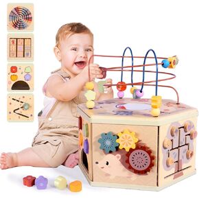 aiwo 7-in-1 Activity Cube for Toddlers 1-3 Montessori Toys, Wooden Large Activity Center for 1 Year Old Baby, Educational Sensory Learning Toys for Boys and Girls Birthday Gifts