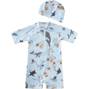 DEFAHN Toddler Boy Swimsuit One-Piece Zipper Rashguard Sunsuit Swimwear Half Zip Up Bathing Suit 9Months-5T