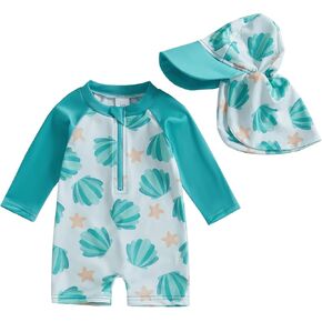 Toddler Baby Boys Swimsuit Long Sleeve One Piece Zipper Bathing Suit Swimwear Rash Guard with Sun Hat