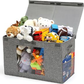 NETANY Clear Window Toy Box & Toy Chest with Lid - Large Toy Storage Organizer, CollapsibleToy Bin with Mesh Pockets for Boys, Girls, Playroom,Living Room Area Organization 25"x13" x16" (Linen Gray)