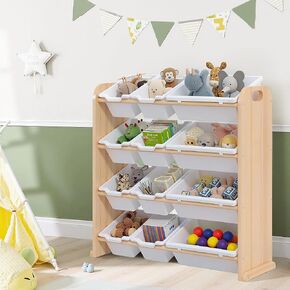 VECELO Kids Toy Storage Organizer with 12 Pcs Bins, Wooden Toy Shelf for Toddlers, Large Capacity Playroom Storage Rack for Books, Stuffed Animals, and Toys, Teak