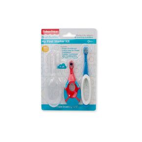 Fisher Price | My First Starter Kit | 4 Piece Set | Finger Toothbrush and Travel Case, Toddler Toothbrush with Teething Ring, Lil' Ones Toothbrush