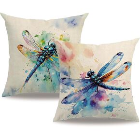 7COLORROOM Dragonfly Pillow Covers 18 X 18 Inch Orange Wildflowers Color Dragonfly Cushion Covers Flower Holiday Rustic Farmhouse Decoration 2Pack for Sofa Bedroom Living Room Outdoor (Blue)