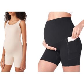 POSHDIVAH Maternity Bodysuit Pregnancy Double Lined Jumpsuit Bundle Women's Maternity Yoga Shorts