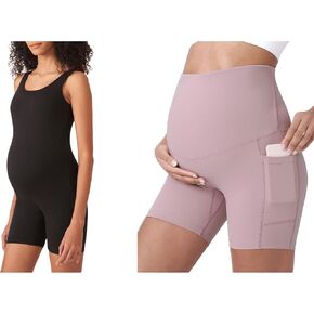 POSHDIVAH Maternity Bodysuit Pregnancy Double Lined Jumpsuit Bundle Women's Maternity Yoga Shorts