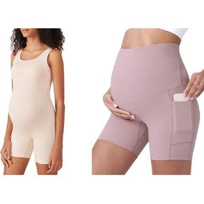 POSHDIVAH Maternity Bodysuit Pregnancy Double Lined Jumpsuit Bundle Women's Maternity Yoga Shorts