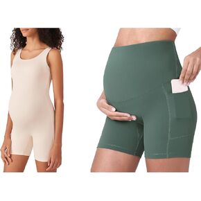 POSHDIVAH Maternity Bodysuit Pregnancy Double Lined Jumpsuit Bundle Women's Maternity Yoga Shorts