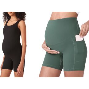 POSHDIVAH Maternity Bodysuit Pregnancy Double Lined Jumpsuit Bundle Women's Maternity Yoga Shorts