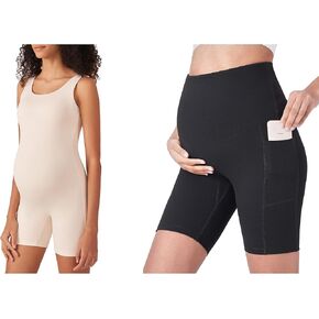 POSHDIVAH Maternity Bodysuit Pregnancy Double Lined Jumpsuit Bundle Women's Maternity Yoga Shorts