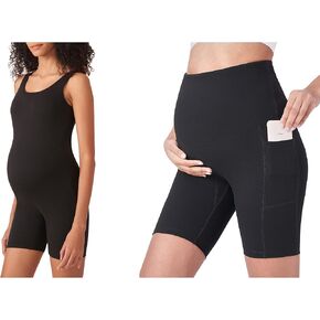 POSHDIVAH Maternity Bodysuit Pregnancy Double Lined Jumpsuit Bundle Women's Maternity Yoga Shorts