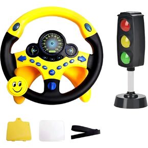 Kids Driving Toy Set with Interactive Steering Wheel and Traffic Light-Simulate Driving Car Steering Wheel Toy for Kids with Dashboard Display, Yellow and Black