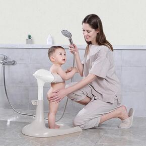 Baby Hug Bath Tower for Standing Up Themselves, 6-18 Months Toddler Shower Stand Support, Bathing Seat Chair Handle, Free Mother Hands, Easy Setup, Safe Design, Adjustable Size(Off White-New Edition)