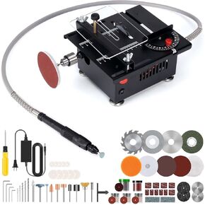 Multi Functional Liftable Mini Table Saw, 0-15mm Adjustable Cutting Depth, Craft Hobbyist Compact Table Saw with Cutting Engraving Sanding Polishing Accessories for Woodworking