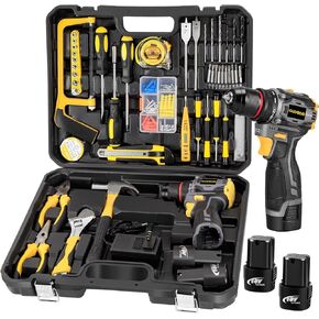 QUDODO Brushless Compact Drill Tool Set, 120PCS 45N. m 18V Cordless Drill Kit with 2 Battery, Woman Household Tool Kit with Electric Driver, Taladro Set with Inalámbrico for Daily Home Basic Repair