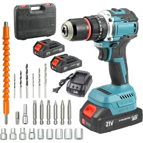 Brushless Cordless Hammer Drill Set, QIUMIN 21V Cordless Screw Driver with 2 Batteries 2000mAh and 1 Fast Charger, 55Nm Max Torque, 1/2" Keyless Metal Chuck, 35+3 Torque Settings, 24pcs Accessories