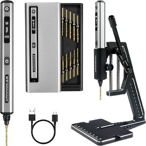 AM ARROWMAX 5-Speed Mini Electric Drill Pen with Benchtop Press, 10 Small Bits with Aluminium Box, LED Lights, OLED Display, Resin Drill Set For Jewelry Making, Plastic, Wood
