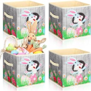 Boao 4 Pcs Easter Storage Basket Large Easter Storage Bin with Handles Collapsible Bunny Egg Basket Square Cute Fabric Box Toy Organizer for Playroom Cloth Book Party Favor Decor Gift Shelf Closet