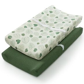 Muslin Changing Pad Cover & Changing Pad Bundle (Monstera Leaves&Dark Green, Woodland Blue)
