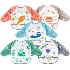 R HORSE 5Pcs Long Sleeved Bib for Babies, Toddlers Waterproof Baby Infants Feeding Bibs with Great Capacity Pocket, Outer Space Astronaut Pattern Gift for Baby Shower 12-36 Months