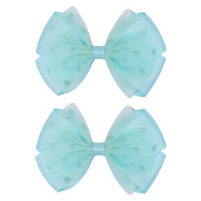 Tiny 3 Inch Dot Organza Double Hair Bow Clips - Cute Lined Boutique Alligator Hairpin for Girls, Toddlers, and Little Teens - Kids Barrettes Set of 2 Small Stylish (Yellow)