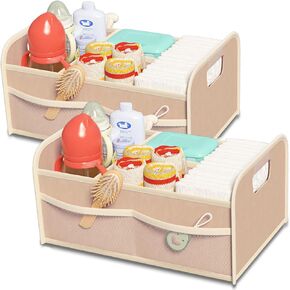 Diaper Caddy Organizer 2 Pack, Spacious Nursery Storage Bin& Car Organizer for Diapers& Baby Wipes, Baby Essentials for Mess-Free Parenting, Handle& Removable Dividers, Ideal Baby Shower Gifts- Brown