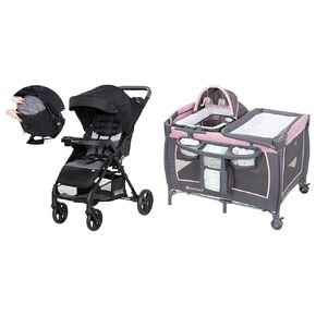 Baby Trend Passport Cargo Stroller, Fieldstone Grey and Lil' Snooze Deluxe III, Cozy Pink Nursery Center Playard Bundle