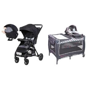 Baby Trend Passport Cargo Stroller, Fieldstone Grey and Lil' Snooze Deluxe II Nursery Center, Daisy Dots Bundle
