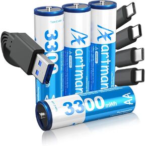 Artman Rechargeable Lithium AA Batteries 8-Pack with 4-Slot Charger, AA Lithium Batteries for Blink Outdoor Camera, 1.5V Constant Output Double A Battery Rechargeable with 2000+ Cycles