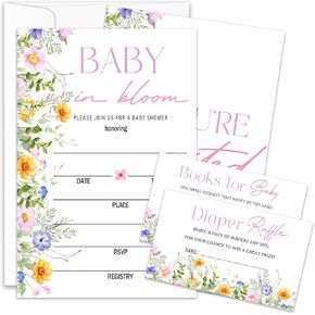 Baby Shower Invitations, Baby Shower Invites, Floral Baby Shower Invitations, Diaper Raffle Tickets & Book Request Card, 25 Set With Envelopes, Baby Shower Supplies - BSinvite 08