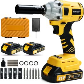 Cordless Impact Wrench, 1/2 Impact Gun, 2 Batteries, Pistola de Impacto, with 5 Sockets, Electric Impact Driver for Car Tires and Home YELLOW-A