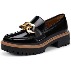 IDIFU IN2 Platform Loafers for Women Dressy with Metal Chain Slip On Low Chunky Block Lug Sole Heeled Penny Loafers Comfort Closed Round Toe Dress Shoes Office Work Business Casual Fall Loafers Shoes