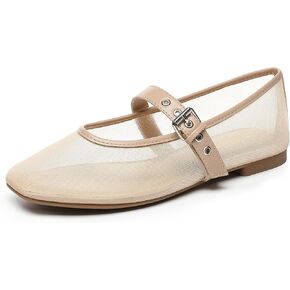 Rihero Mesh Ballet Flats for Women Square Toe Buckle Strap Mary Jane Flats Comfortable Casual Ballerina Shoes