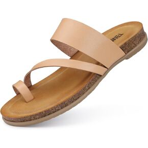 TEMOFON Women Summer Flip Flops: Genuine Leather Sandals, Cork Footbed, Comfortable Arch Support, Black/White/Brown/Nude Thong Sandals Size 5-11