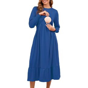 Women’s Nursing Dress Crewneck Casual, Long Sleeve Maternity Dress, Tiered Flowy Breastfeeding Dress with Pocket