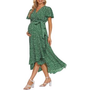 Maternity Floral Wrap Dress with Belt/Ruffle Short Sleeve Side Slits Dress Baby Shower