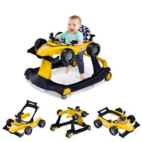 GLACER Foldable Baby Walker, 4-in-1 Infant Walker with Adjustable Height & Speed, Music, Light, Steering Wheel & Washable Cushion, Baby Walker Activity Center for Boys Girls 6 –18 Months (Pink)