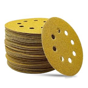 5 Inch 8 Hole Hook and Loop Sanding Discs Sandpaper, 52-Piece 60 80 120 220 320 Mixed Grits Gold Round Sandpaper Sanding Disc for Random Orbital Sander