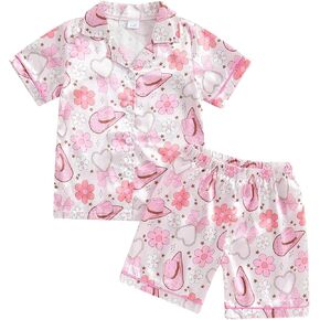 Western Baby Girl Silk Pajamas Set Cowgirl Button Down Short Sleeve Shirts Tops Shorts 2 Piece Satin Pj Lounge Set