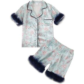 Kuriozud Toddler Girl 4th of July Silk Satin Pajama Set Baby Fourth of July Pjs Girl Feather Trim Sleeve Nightgown Pjs