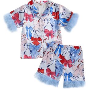 Kuriozud Toddler Girl 4th of July Silk Satin Pajama Set Baby Fourth of July Pjs Girl Feather Trim Sleeve Nightgown Pjs in Kuwait