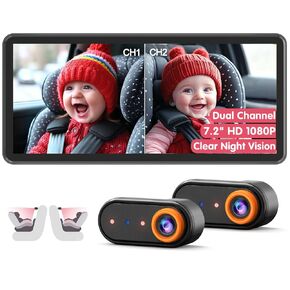 Baby Car Camera for 2 Kids, Dual Channel with 7.2" 1080P Crystal Clear Display, Easily Install Backseat Mirror with 2 IR Night Vision Cameras, Safety Car Baby Camera for Rear Facing