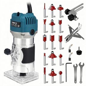 110V 800W Wood Router Tool, 30000RPM Electric Palm Trim Router, Compact Hand Router with 15x 1/4" Router Bits & 2x Trim Guides for Woodworking Adjustable Base Height w/Scale