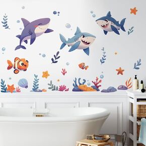 Cartoon Sharks Wall Decal Nursery Sea Animal Wall Sticker Removable Peel and Stick Wall Art Decor for Kid Baby Classroom Preschool Living Room Playroom Bedroom School