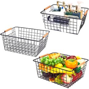 LeleCAT white wire baskets with Wooden Handles Storage Organizer Baskets, Household Refrigerator for Cabinets, Pantry, Closets, Bedrooms, kitchen - Set of 2（White）