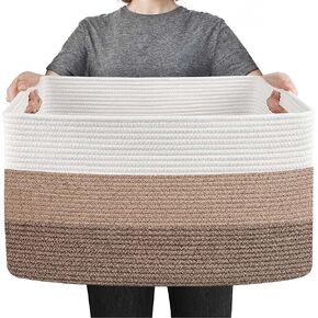 Extra Large Blanket Basket, 23.6" x 15.7" x 14.1" Woven Blanket Storage for Living Room, Wicker Throw Pillow Shoe Holder Bin, Big Kids Dog Toy Organizer, Cotton Rope Baskets for Organizing