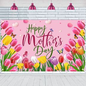 Mothers Day Decorations Banner Large 72 x 44inch Happy Mother's Day Backdrop Flowers Tulip Pink Seasonal Holiday Backdrop for Indoor Outdoor Garden,Yard,Home Party Decorations