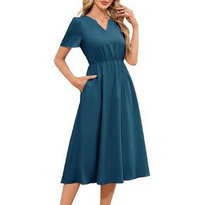 Meetjen Women's Casual Dresses V Neck Short Sleeve Wedding Guest 2025 Elegant Midi A Line Summer Dress with Pockets
